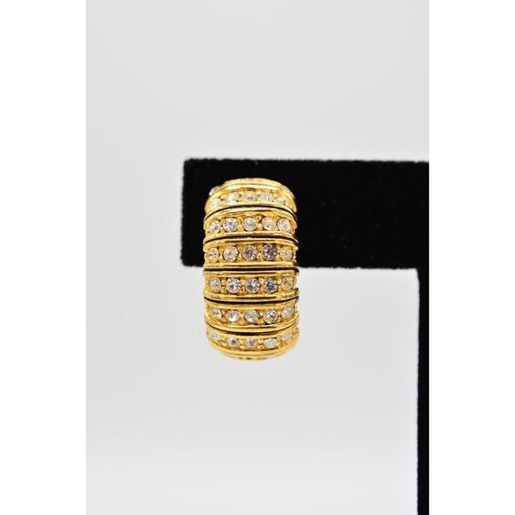 Vintage Crystal Clip Earrings Rhinestone Gold Tone Shiny Hoops 1980s BinAK - Picture 6 of 12